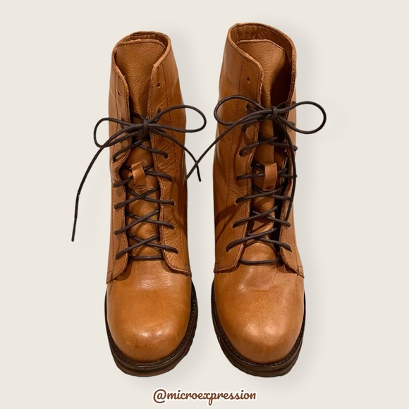 Frye Karen Cognac Tan Leather Combat Lace Up Combat Wood Block Heel Ankle Boot - Picture 10 of 16